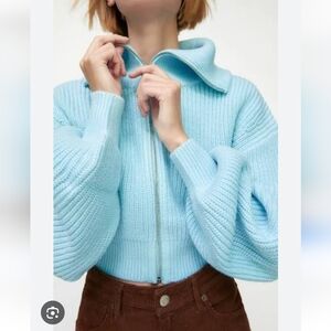 ZARA | Wool Sweater Cropped Zip Up Blue Sz L